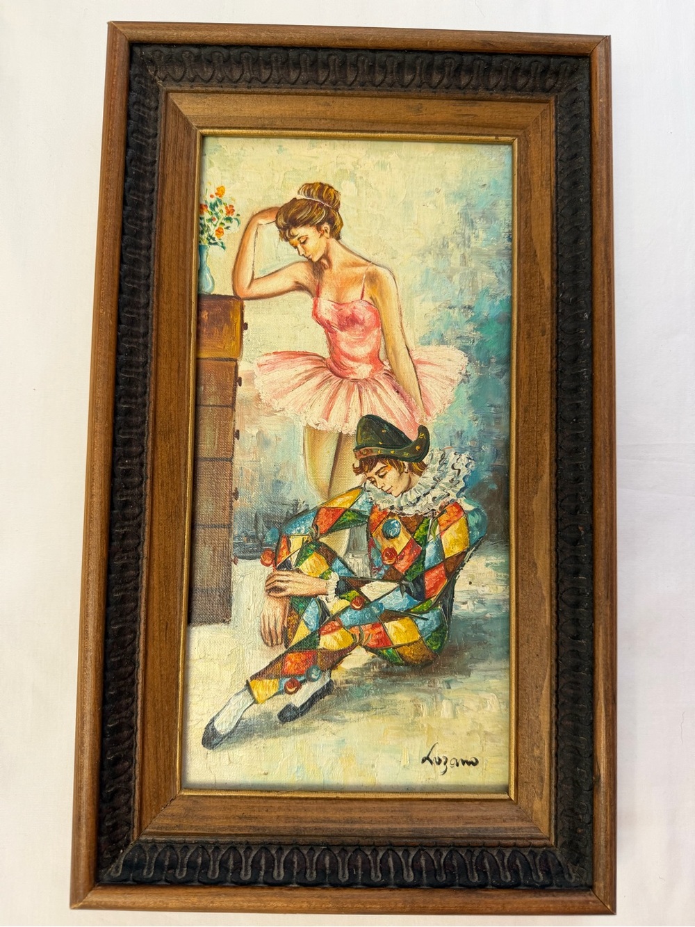 Vintage Harlequin Clown and Ballerina Oil Painting Signed Lozano Original